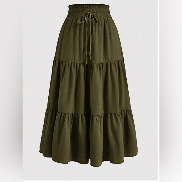 Army Green Boho Tiered Ruched Skirt - Picture 5 of 10